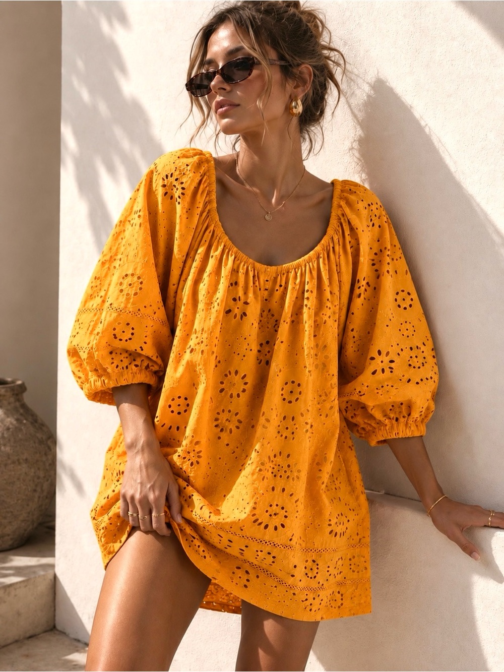 Zara Thick Cotton Lined Eyelet Mini Dress in Mustard Yellow